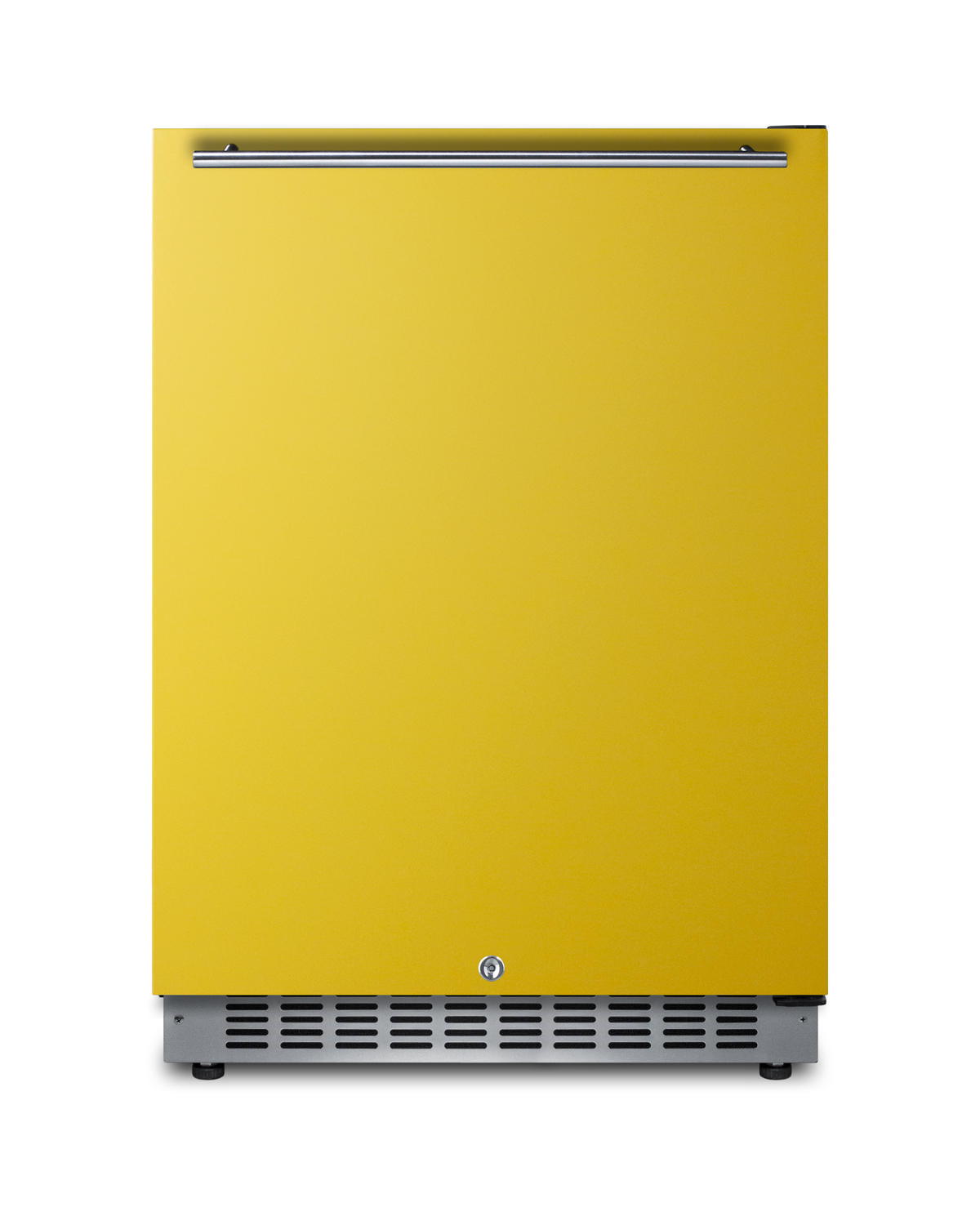24 in. wide built-in undercounter ADA compliant all-refrigerator with saffron gold door, stainless steel handle and kickplate, and black cabinet